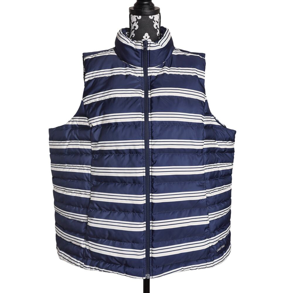 Women's Navy White Stripe Nautical Lands End Down Filled Full Zip Puffer Vest